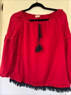 Tory Burch Red Peasant Silk Blouse with Navy Tassels and Fringe, Sz0-4